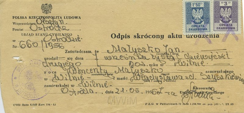 KKE 5508.jpg - Dok. Odpis Metryki Urodzenia Jana Małyszko, Nr. 660/1956, Ostróda, 21 V 1967 r.